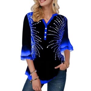 Printed Button Detail Women Blouse with Flare Cuffs