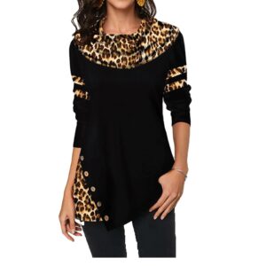 Long Sleeve Chic Style V Neck Women Tunic with Leopard Print and Patchwork