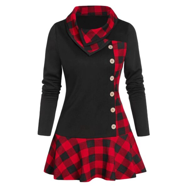 Vintage Plaid Cowl Neck Women's Tunic with Long Sleeve and Patchwork ...