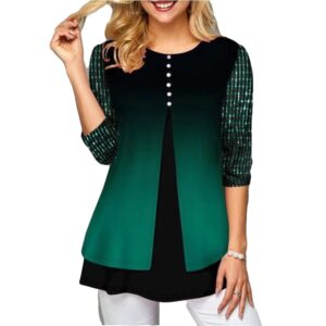 Loose Fitting Blouse 3/4 Sleeve Double Layer Green Chiffon Top