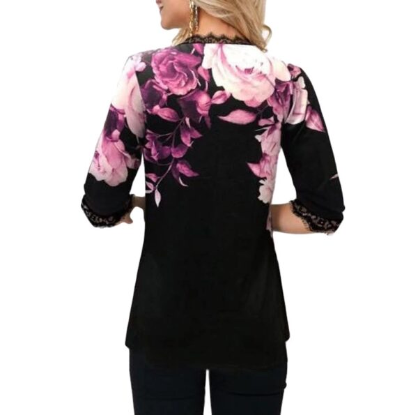 V-neck Lace Blouse with Flowers Print