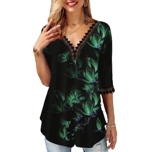 V-neck Blouse with Lace and Flowers Print