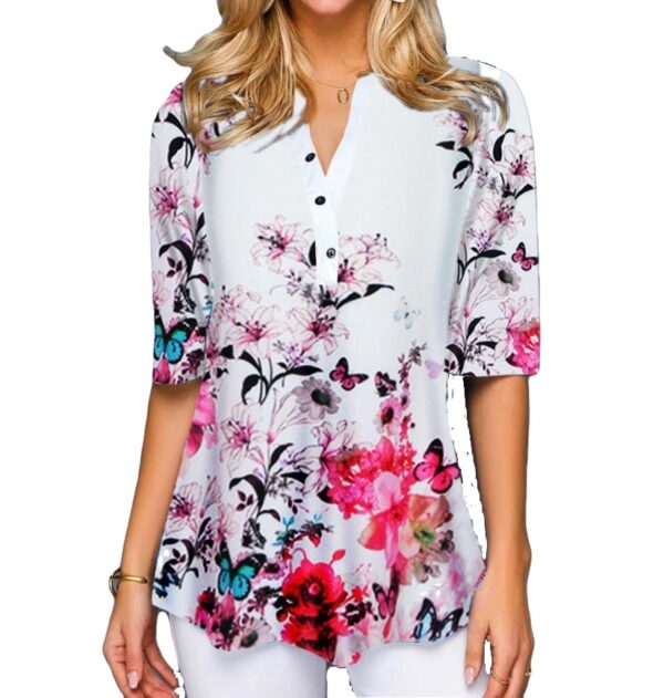 Half Sleeve Loose Irregular Blouse with Floral Print and Butterflies