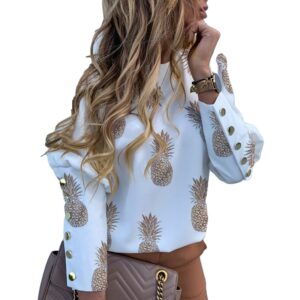 O Neck Blouse with Long Sleeves and Metal Buttons with Print