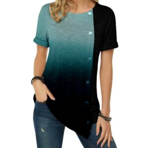 Round Neck Short Sleeve Women Casual Irregular Top with Gradient Buttons and Color Print
