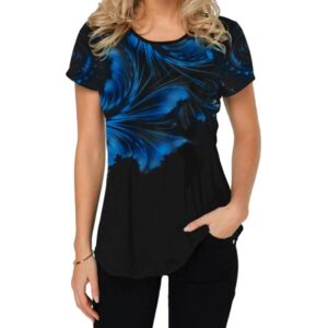 Round Neck Short Sleeve Women Black Top with Blue 3D Print