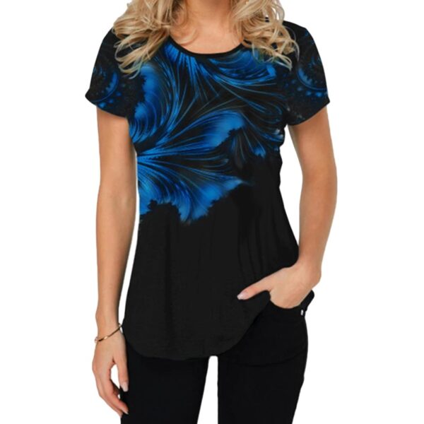 short sleeve round neck women black top with blue 3D print