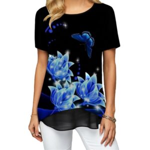 O-Neck Short Sleeves Asymmetrical Double Layer Women Black Top with Floral Print