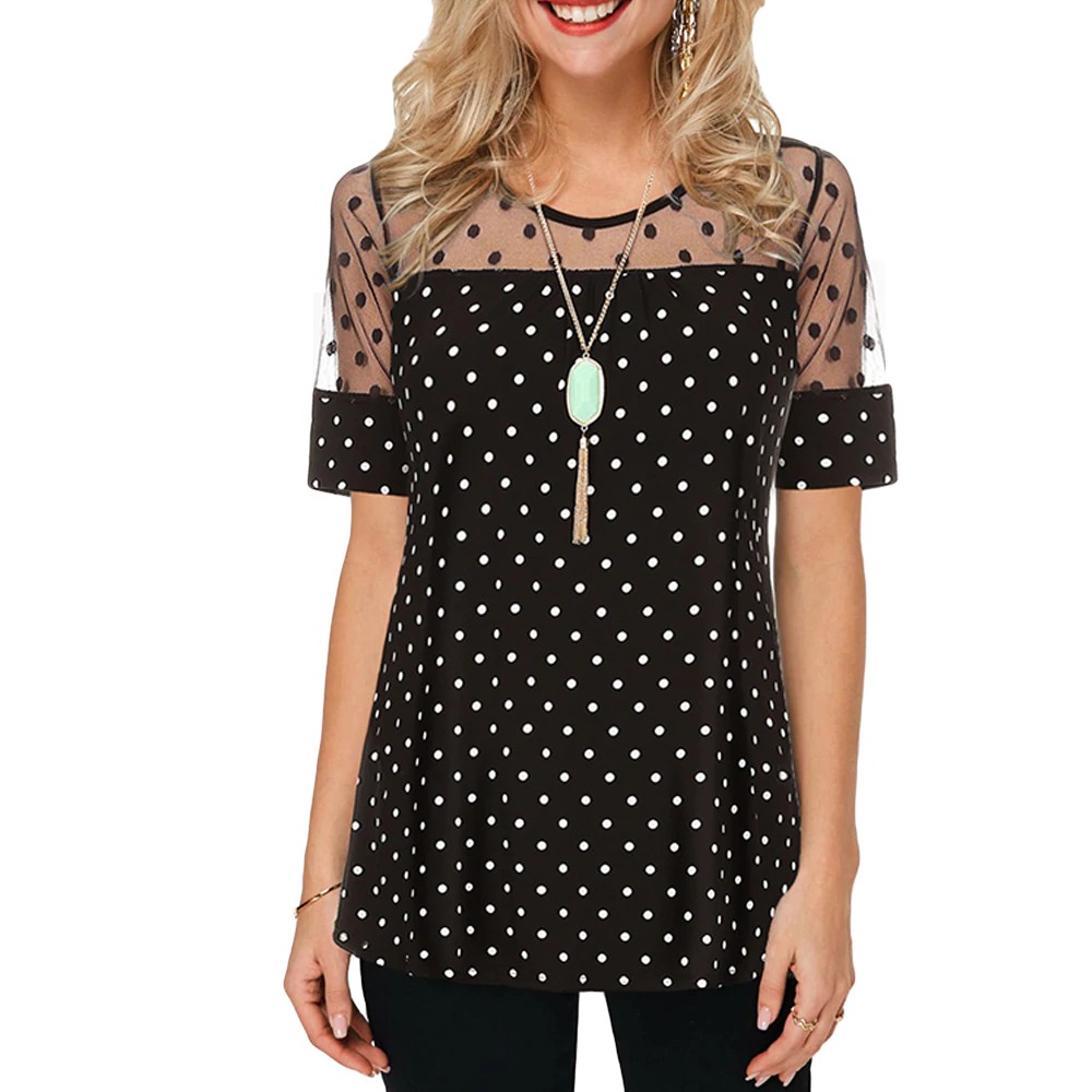 Short Sleeve Round Neck Polka Dot Women Top With Split Mesh Visible