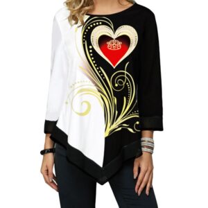 Round Neck Long Sleeve Women Asymmetrical Black Top with Heart Shaped Print