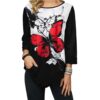 round neck long sleeve asymmetrical women black top with butterfly print