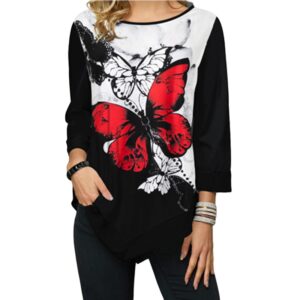 Round Neck Long Sleeve Women Asymmetrical Black Top with Butterfly Print