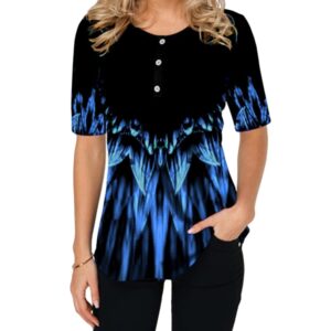 O-Neck Short Sleeve Women Top with 3D Print and Buttons