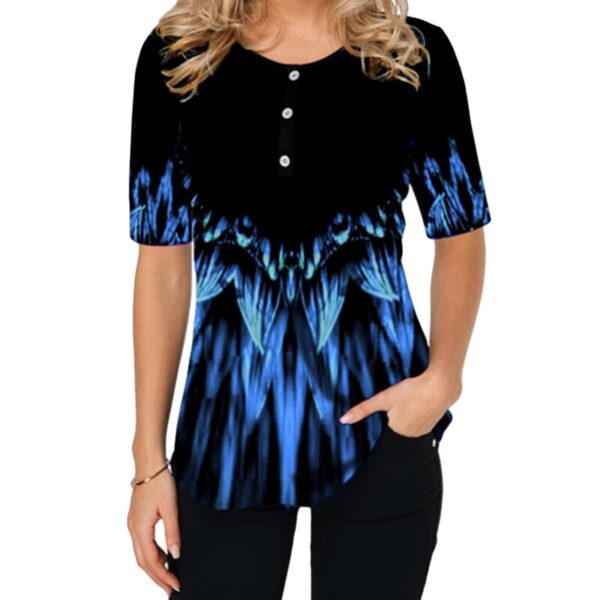O-Neck Short Sleeve Women Top with 3D Print and Buttons - Visible Variety