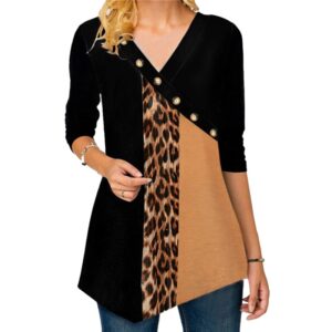 V Neck Long Sleeve Asymmetrical Women Tunic Top with Leopard Paneled Print