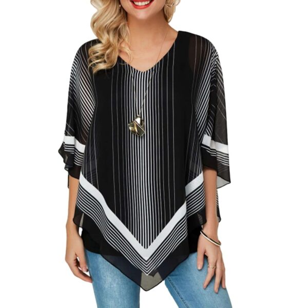 V Neck Collar Women Asymmetrical Chiffon Striped Blouse - Visible Variety