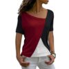 short sleeve irregular patchwork women red black top