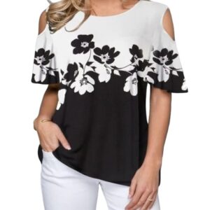 O-Neck Off Shoulder Short Sleeve Women Top Shirt with Flowers Print