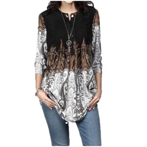 3/4 Sleeve O-Neck Pleated Vintage Casual Women Tunic Top with Floral Print