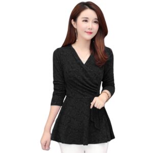 Long Sleeve Slim Fit Plush and Thickened Bottom Women V-neck Blouse with Flowers Design