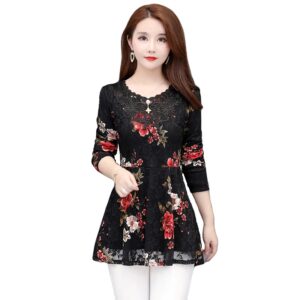 Long Sleeve Vintage Hollow Out Lace Warm Velour Women Tunic with Floral Peplum