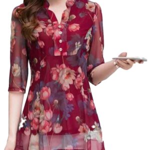 Women Casual V-Neck Blouse with Floral Print