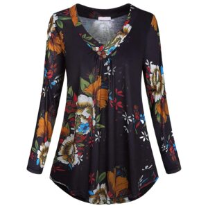 Long Sleeve V-Neck Women Tunic with Floral Print and Buttons