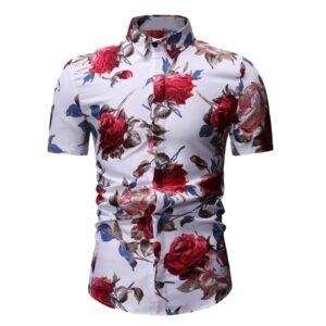 Short Sleeve Button Down Men Shirt with Roses Print