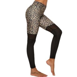 High Waist Elastic Leopard Print Mesh Knitted Patchwork Women Fitness Leggings