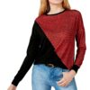 O neck Long Sleeve Loose Fit Women Red Leopard Pullover Top with Splice Contrast Colors