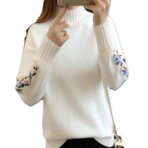 Long Sleeve Embroidered Warm Turtleneck Knitted Women Sweater Pullover