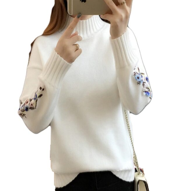 Long Sleeve Embroidered Warm Turtleneck Knitted Women White Sweater