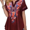 V-neck Short Sleeve Loose Women red Top with Boho Print