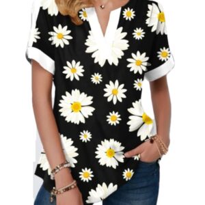 V-neck Short Sleeve Loose Women Top with Daisies Print
