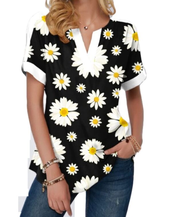 V-neck Short Sleeve Loose Women Top with Daisies Print