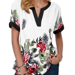 V-Neck Short Sleeve Loose Women Top with Roses Print