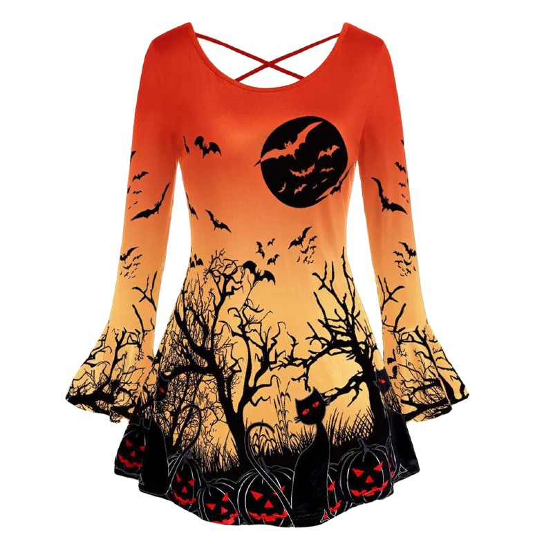 RUIVE Women’s Plus Size Tops Halloween Lace Flare Sleeve Tunic Blood Hands Print Back Knotted Pullover Blouse 