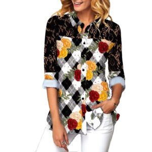 Nine Quarter Sleeve Single-Breasted Women Blouse with Splice Lace and Floral Print