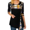 Long Sleeve 3D Printed Patchwork Plaid Women Top with Buttons