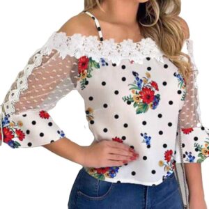 Cold Shoulder Stylish Women Top with Mesh Insert and Floral Dot Print