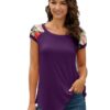 Short Sleeve O-Neck Patchwork Print Casual Women Purple Cotton Top