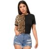 Round Neck Short Sleeve Women Top with Color Black Block and Leopard Print