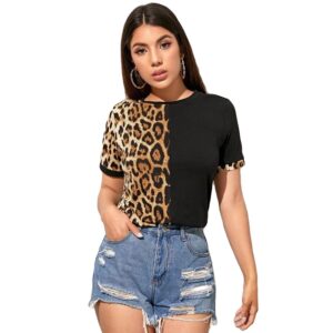 Round Neck Short Sleeve Women Top with Color Block and Leopard Print