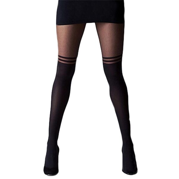 Black Temptation Sheer Mock Suspender Over The Knee Double Stripe Sheer Women's Tights