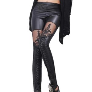 Punk Gothic Fashion Sexy PU Leather Stitched and Embroidered Hollow Lace Women Leggings