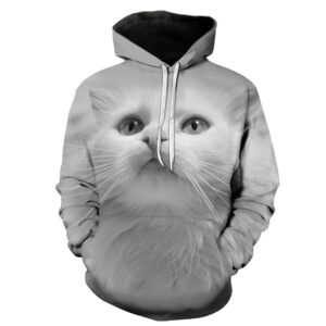 Long Sleeve Women’s Hoodie with 3D White Cat Print