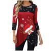 3/4 Sleeve Women's Asymmetrical PatchworkTunic Top with Christmas Elk Print