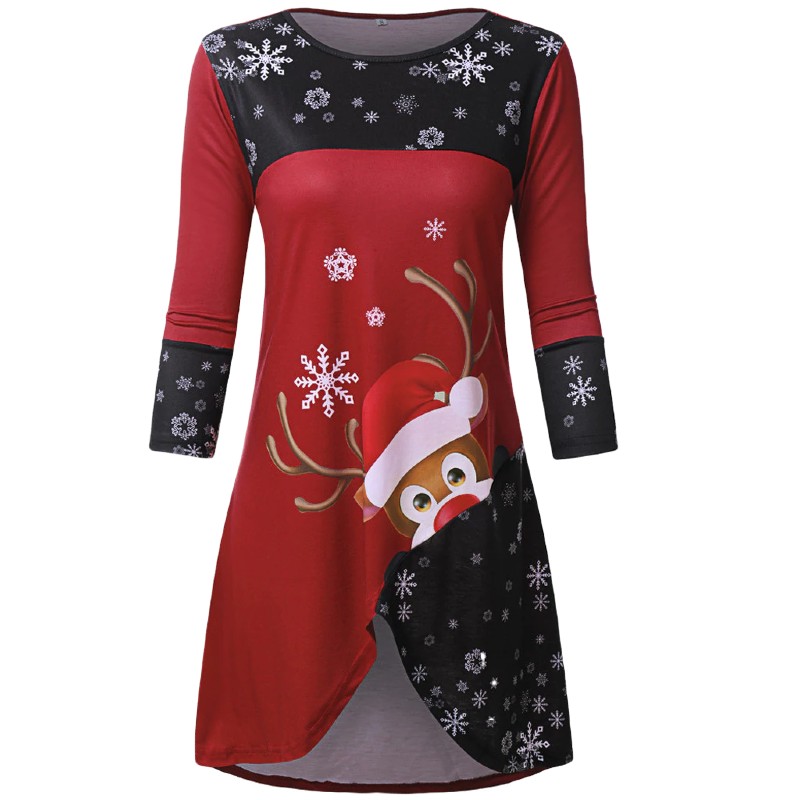 3/4 Sleeve Women's Asymmetrical Patchwork Tunic Top with Christmas Elk ...