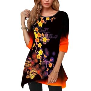 3/4 Long Sleeve O-Neck Women’s Black Asymmetrical Top with Plum Blossom Floral Print