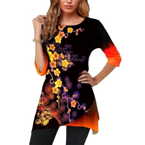 3/4 Long Sleeve O-Neck Women's Black Asymmetrical Top shirt with Plum Blossom Floral Print